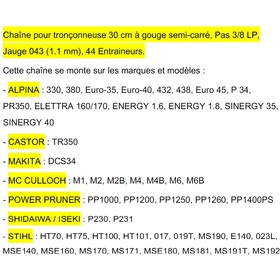 Chaîne 30cm pour tronçonneuse Pas 3/8LP, Jauge 043-1,1mm, 44 maillons entraineurs = 90-44E