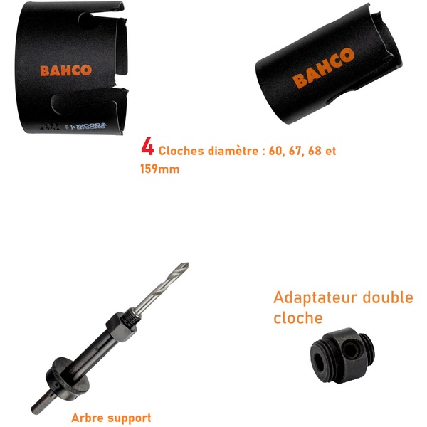 Ensemble de scie trépan Bahco 3833 6 pièces du 60 au 159mm avec arbre support et adaptateur